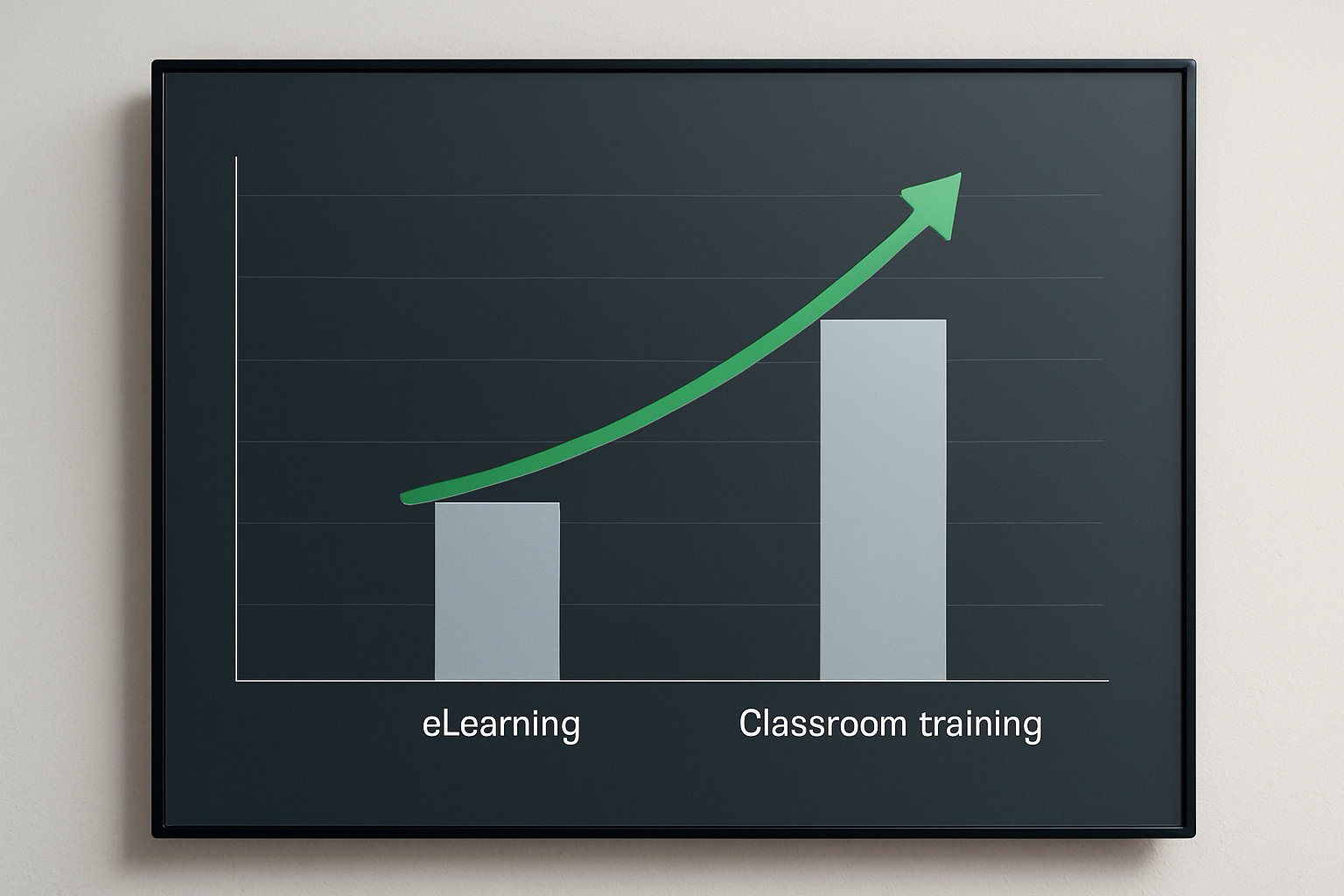 Gráfica comparativa que muestra el ROI del 353% en programas de capacitación corporativa elearning versus formación presencial tradicional según Brandon Hall Group 2023.