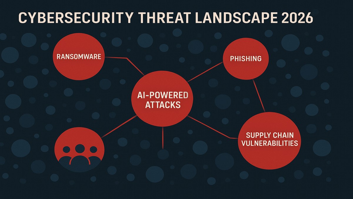 Panorama de amenazas de ciberseguridad en 2026 mostrando vectores de ataque de ransomware, phishing con inteligencia artificial y ataques a cadena de suministro