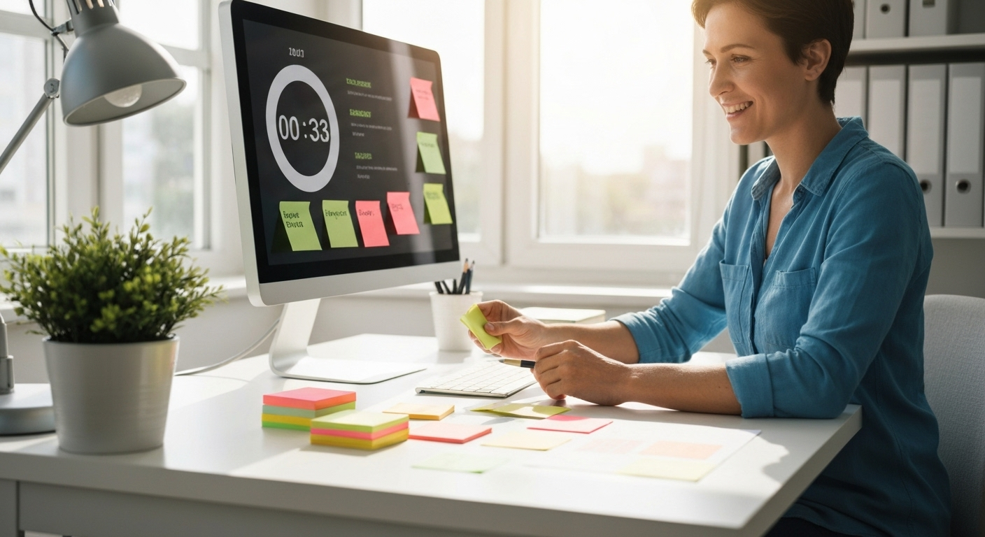 Person using colorful sticky notes and a timer to manage time and projects.