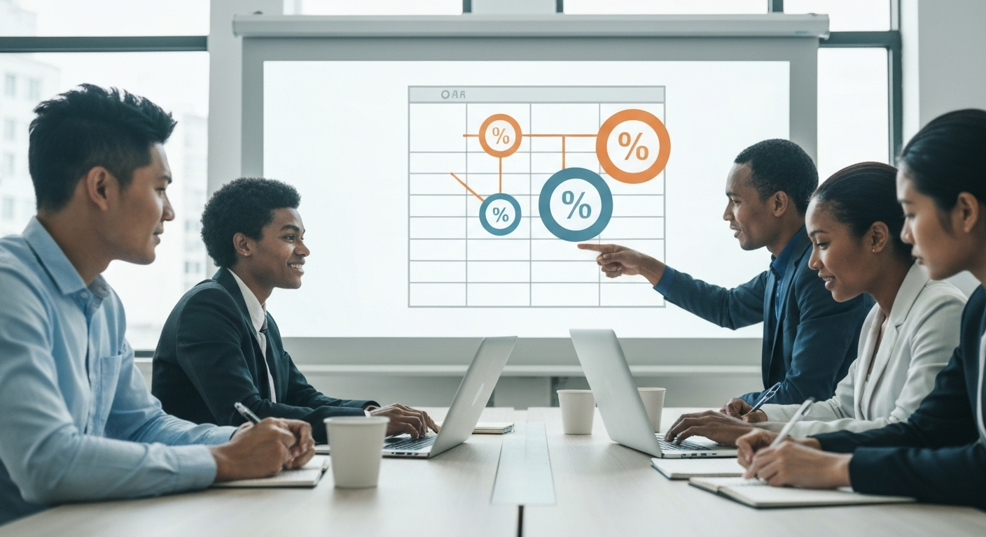 Diverse team discussing talent management, illustrated by a table-like infographic on a screen.