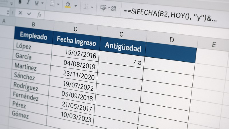 Hoja de Excel con tabla de empleados, fechas de ingreso y fórmula SIFECHA calculando antigüedad en años y meses