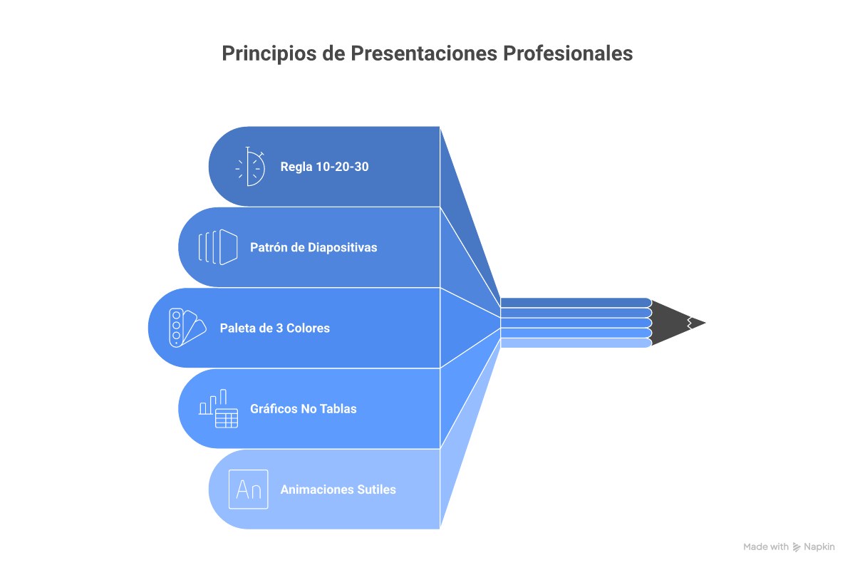Infografía con los principios de diseño de presentaciones profesionales: regla 10-20-30, Slide Master, paleta de 3 colores, gráficos vs tablas, animaciones sutiles