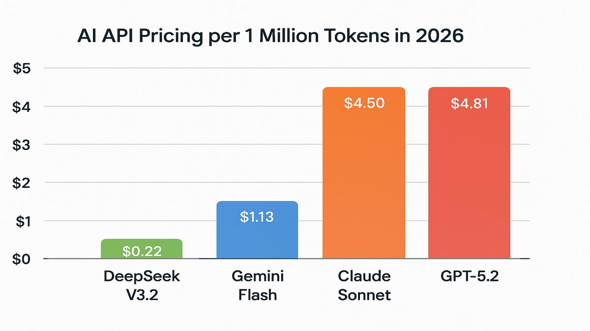 Infograf&iacute;a de precios API: DeepSeek $0.32 vs Claude $4.50 vs GPT-5.2 $4.81 por mill&oacute;n de tokens